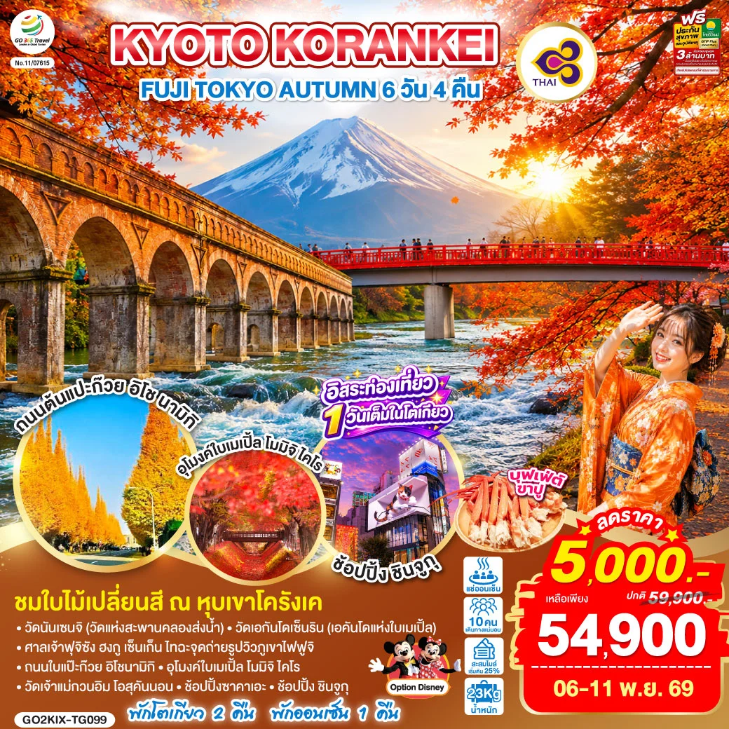 ทัวร์ญี่ปุ่น KYOTO KORANKEI FUJI TOKYO AUTUMN 6วัน 4คืน (TG)